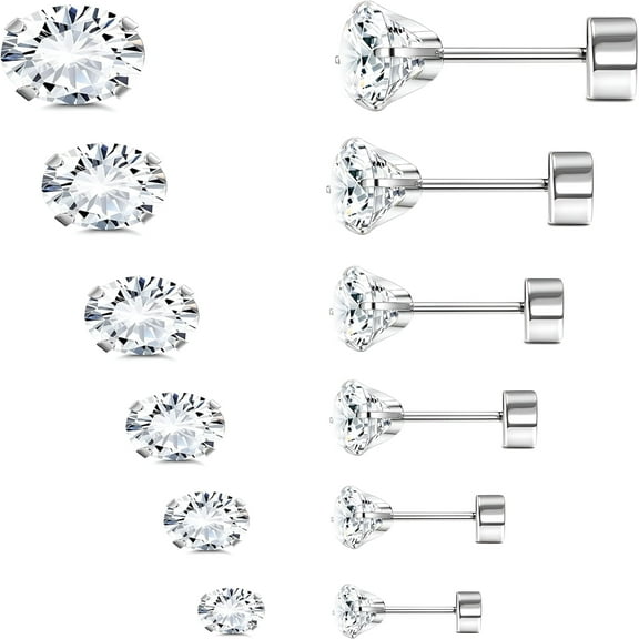 DESIGNICE Titanium Flat Back Stud Earrings for Women Men, Round CZ Cartilage Earring Studs for Sensitive Ears, Hypoallergenic Screw Back Ear Piercing Set 20G 2-8MM