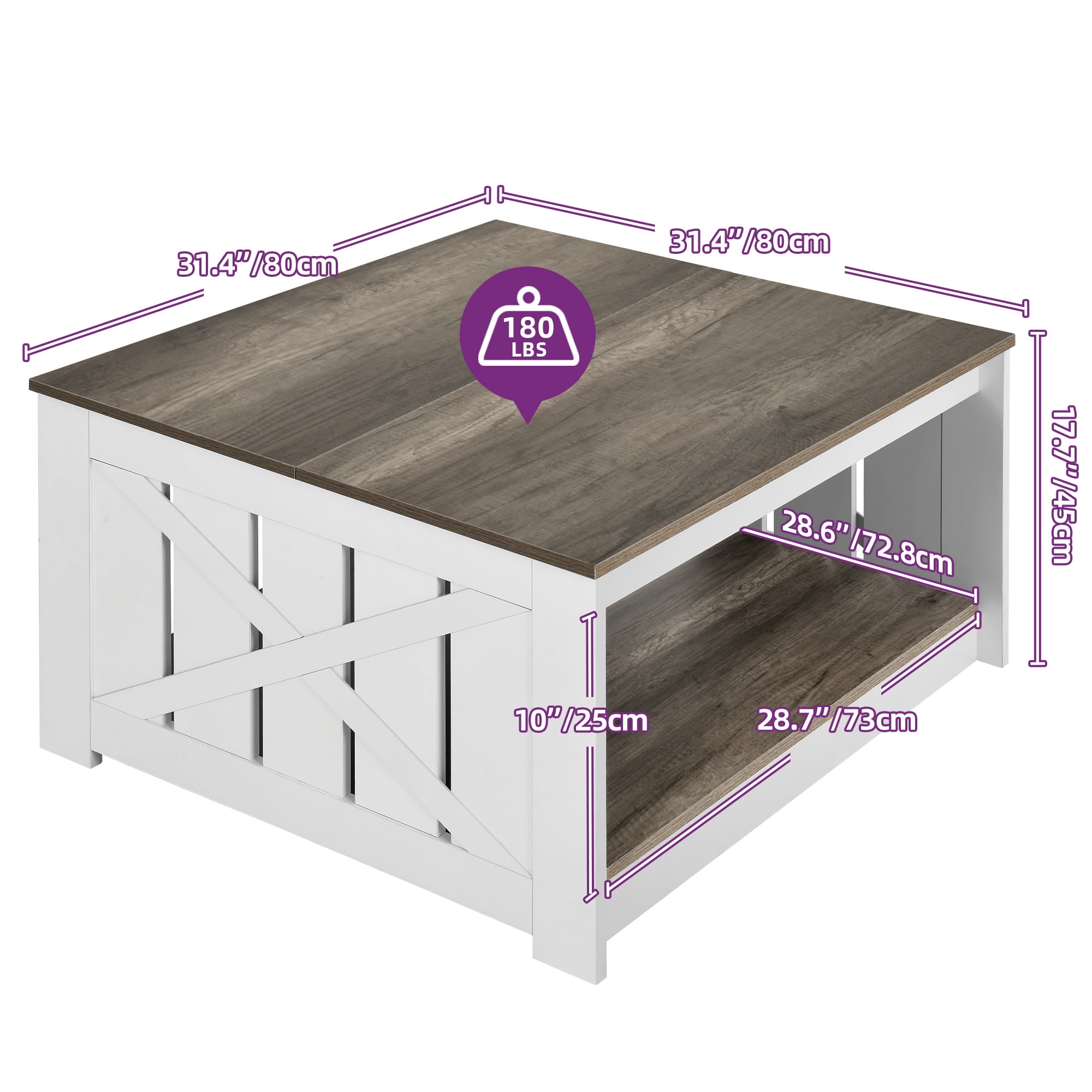 Dextrus Square Coffee Table, Farmhouse Coffee Table with Half Open Storage Compartment, Brown&White