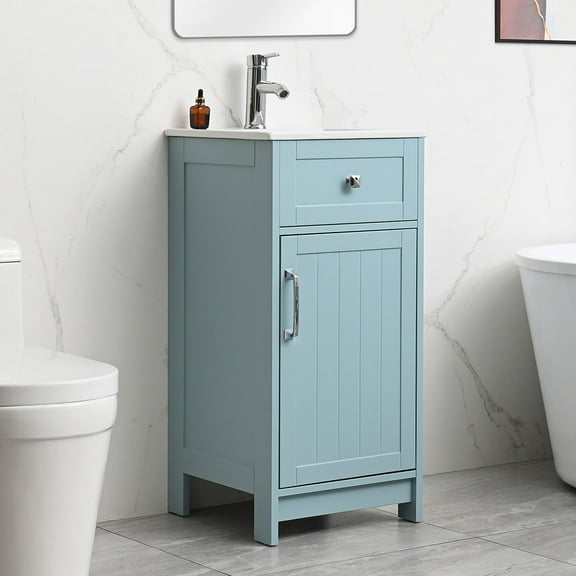 Wonline 16 inch Bathroom Vanity with White Ceramic Sink Combo for Small Space,Modern Bathroom Storage Vanity with Soft-Close Doors Adjustable Shelf(Ice Blue)