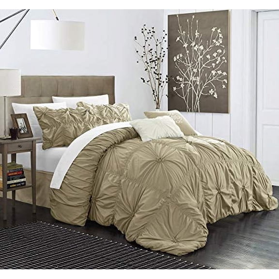 Chic Home Halpert 6 Piece Comforter Set Floral Pinch Pleated Ruffled Designer Embellished Bedding with Bed Skirt and Decorative Pillows Shams Included, King Navy