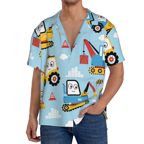 Fotbe Building Truck Camisa Estampada de Manga Corta para Hombre, Casual de Verano, Estilo Playero, Sin Arrugas-X-Large