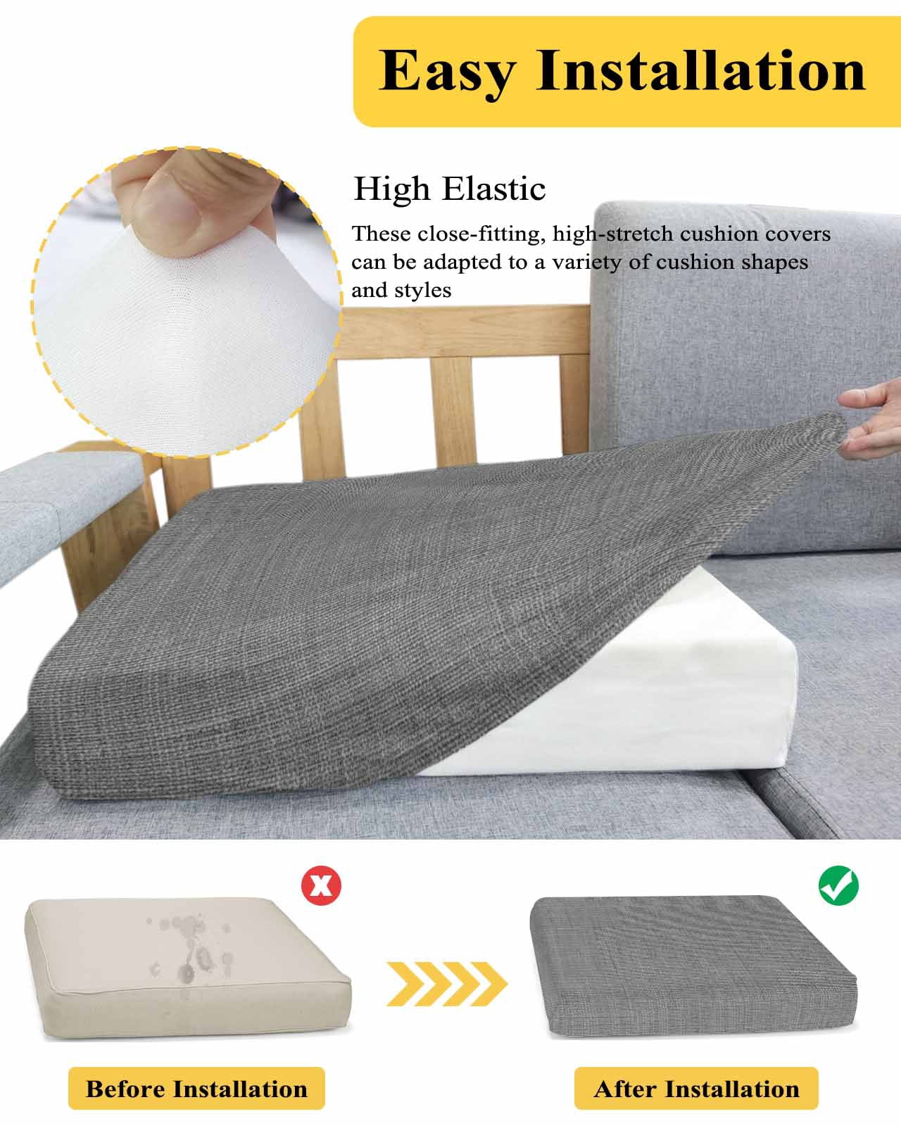 Vintage Dark Gray Couch Cushion Covers,Stretch Seat Cushion Covers for Sectional Sofa,Farmhouse Retro Solid Color Linen Texture Individual Sofa&nbsp;Slipcovers Furniture Protector with Elastic 1Pcs,S