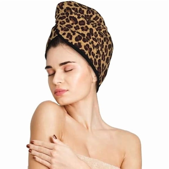 Fu997 Leopard Hair Towel Wrap Microfiber Fast Drying Hair Turban with Buttons for Women Men Drying Curly, Long & Thick Hair
