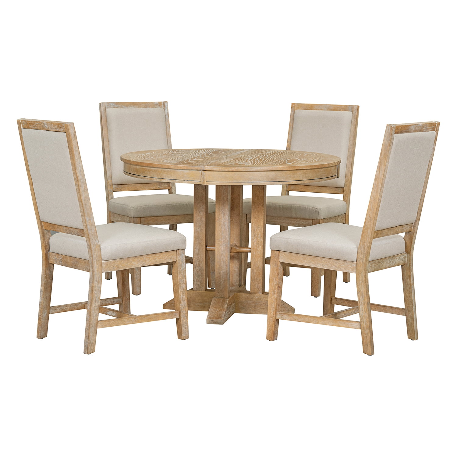 Kadyn 5-Piece Dining Set, Extendable Round Table and 4 Upholstered Chairs, Farmhouse Dining Set for Kitchen, Natural Kadyn 5-Piece Dining Set, Extendable Round Table and 4 Upholstered Chairs, Farmhouse Dining Set for Kitchen, Natural