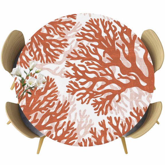 Round Fitted Tablecloth with Elastic Edge, Coastal Ocean Burnt Orange Coral Fitted Table Cloth for Round Tables 55-60in, Summer Marine Life Theme Waterproof Tablecloth for Outdoor Picnic Party