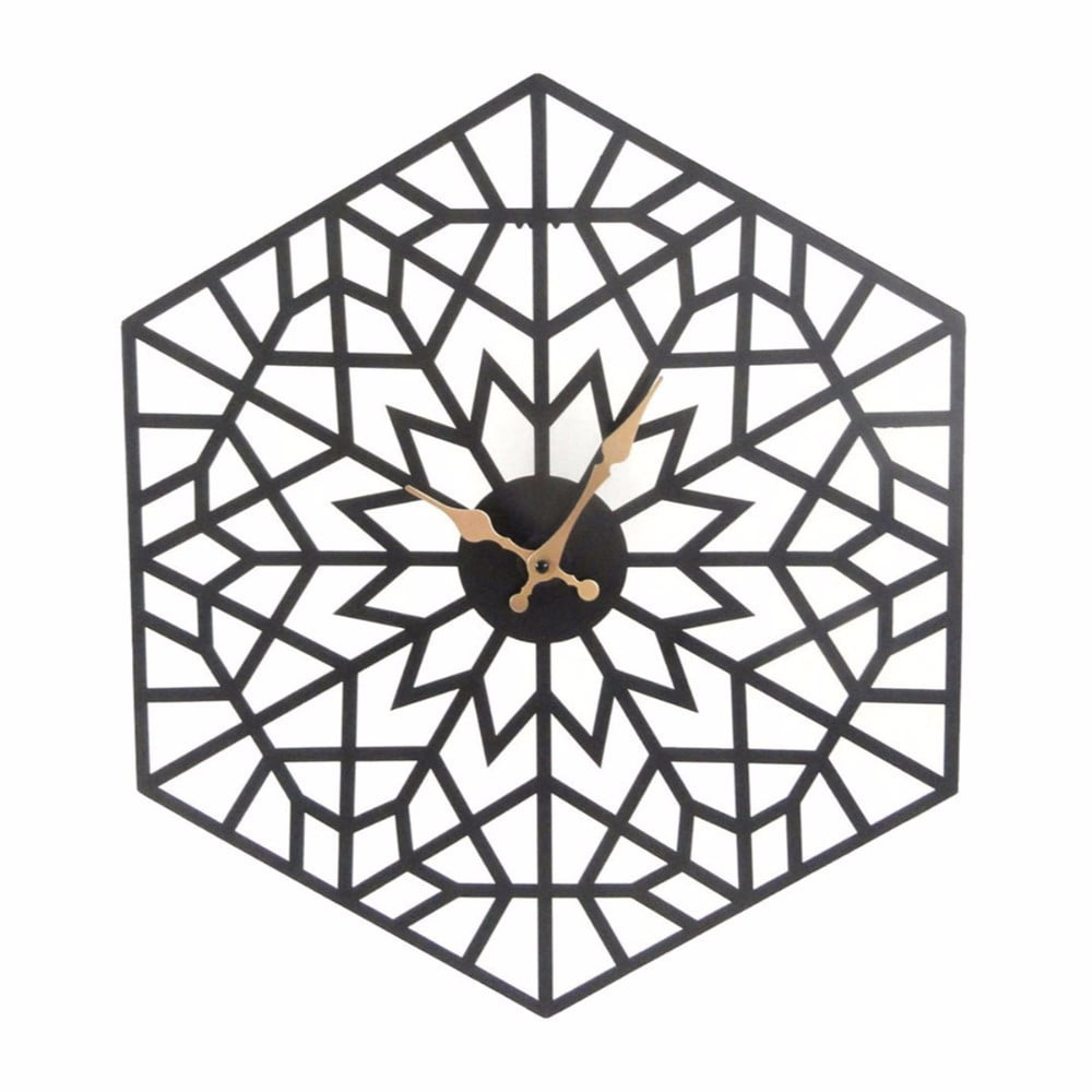 Modern Style Hexagonal Wall Clock, Black And Gold