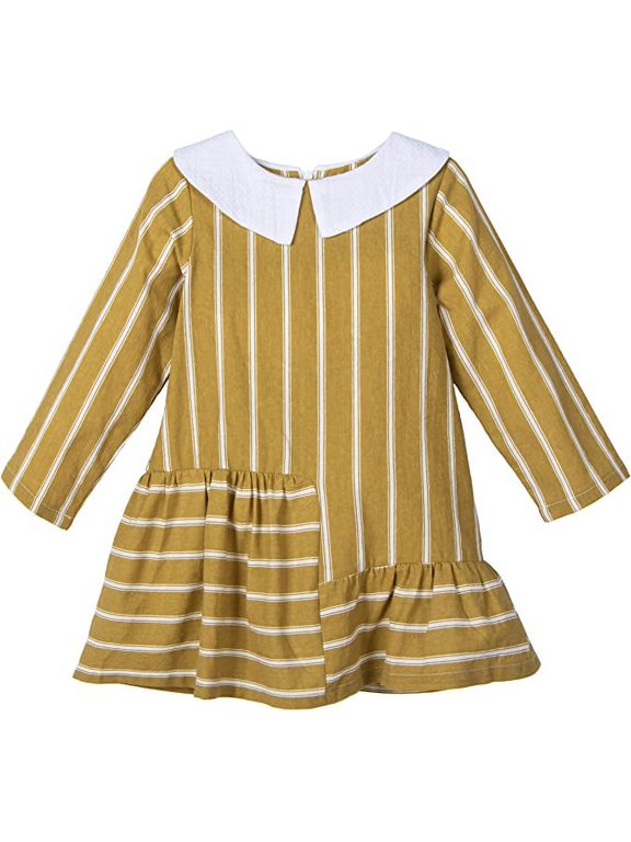 Toddler Little Girls Peter Pan Collar Dresses Long Sleeve Striped Pattern Blouse Shirts Dress Yellow 2-3 Year