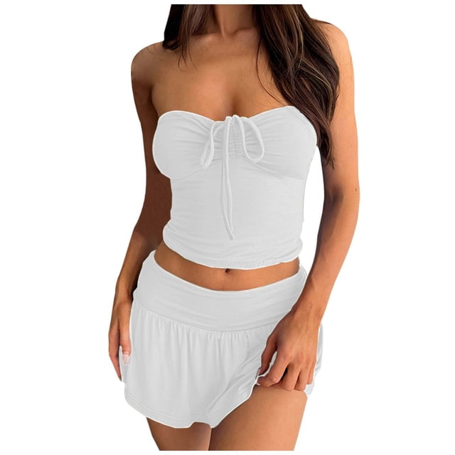 Ensemble Élégant Deux Pièces pour Femmes Haut Sans Manches Sans Bretelles avec Jupe Plissée Double Couche