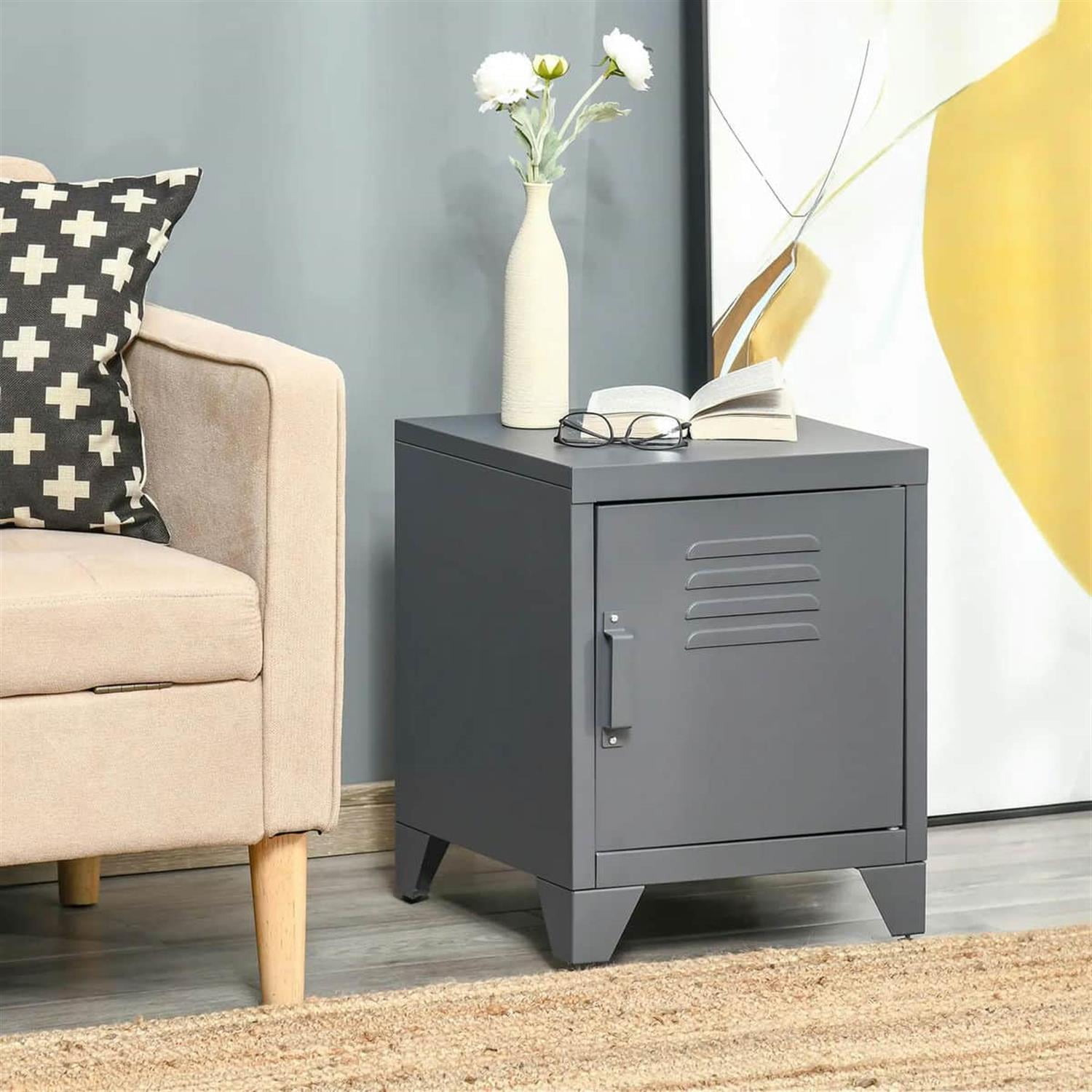 Demi Bonn 19" Industrial Metal End Table, Rustic Living Room Side Table with Lockable Door and Adjustable Shelf for Home Decor, Gray