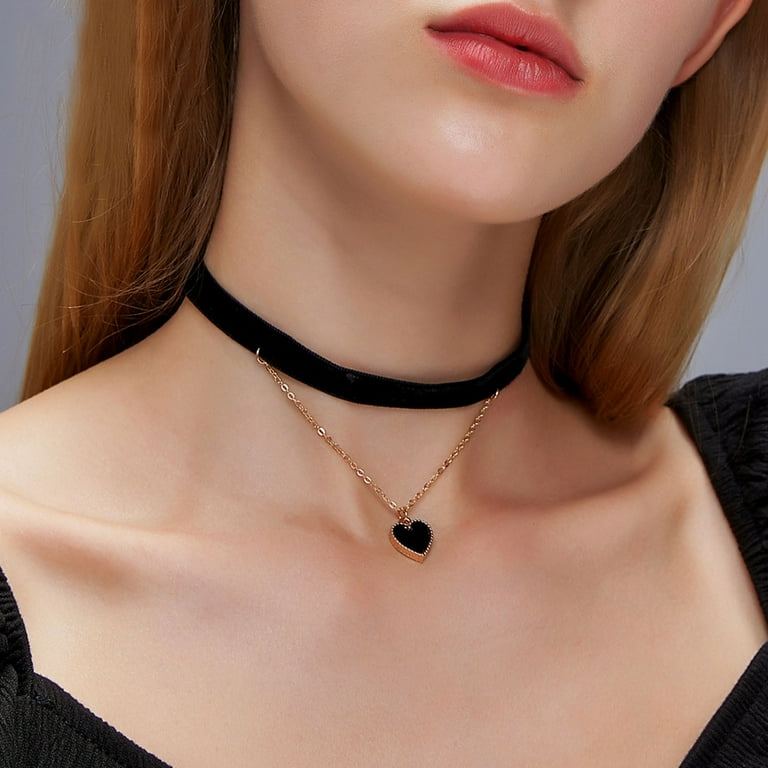 Black Elegant Fabric Handmade Lace Choker Necklaces/Bracelets Jewelry Set  Neckband for Women, Neck Chain Collar Statement with pendant-6Pack/4Pack