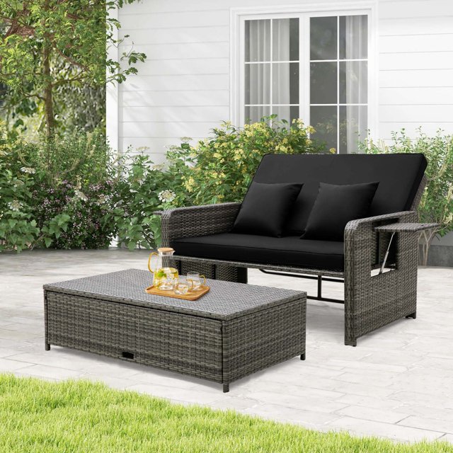 Costway Wicker Loveseat Sofa Set Patio Rattan Daybed with Ottoman & Retractable Side Tray Black