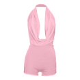 thumbnail image 5 of Arlun Womens One Piece Halter Shorts Romper Outfits Lace Splicing Backless Cowl Neck Jumpsuits Sleeveless Deep V Bodycon Shorts Set Solid Color Stretchy Slim Fitted Clubwear Pink M, 5 of 6