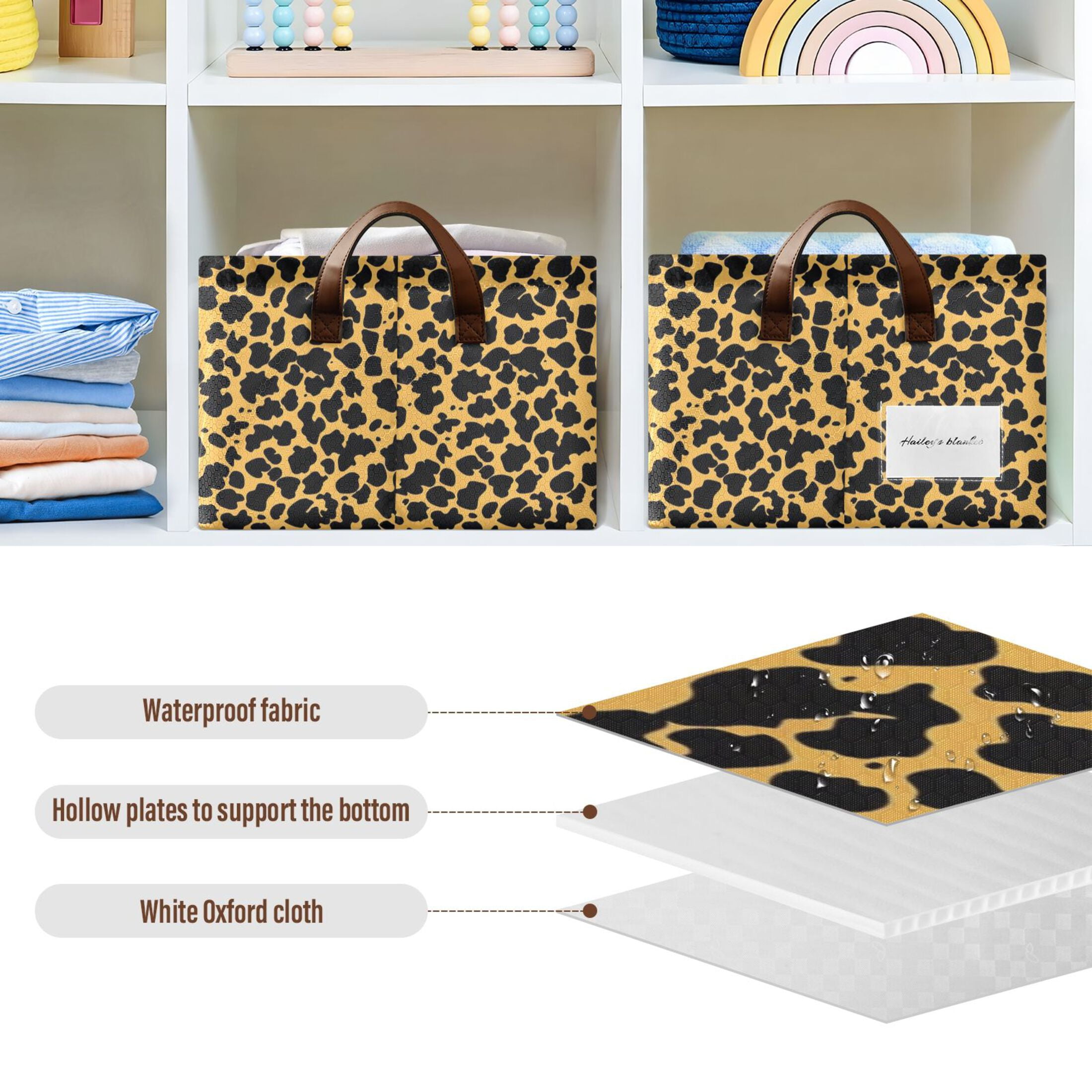 Black Leopard Print Collapsible Storage Bins Fabric Shelf Baskets with Handles 16.9"x11.4"x7.7" Closet Organizer