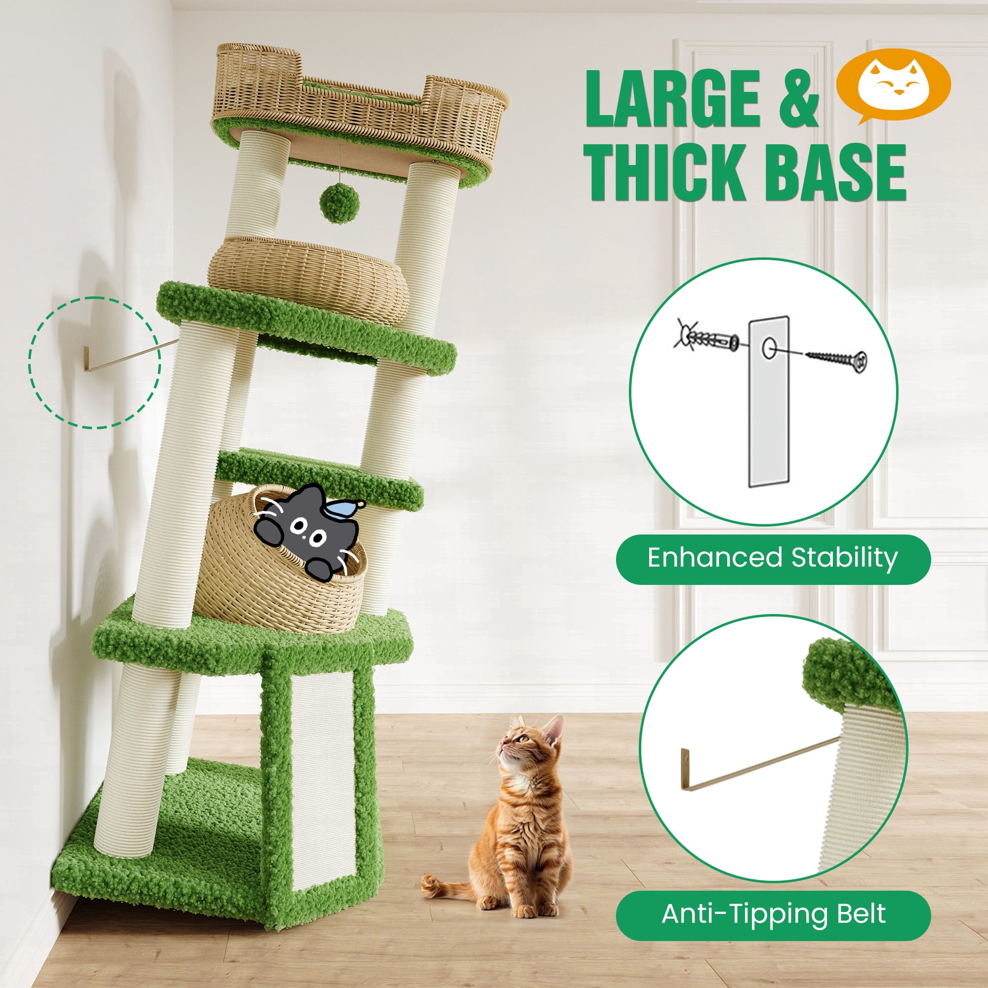 Merrland 57" Cat Tree for Indoor Cats and Kittens, Multi-Level Cat Tower with Teddy Fleece, Rattan Condo, Scratching Ramp and Posts, Dual-Sided Cushion Design, Green
