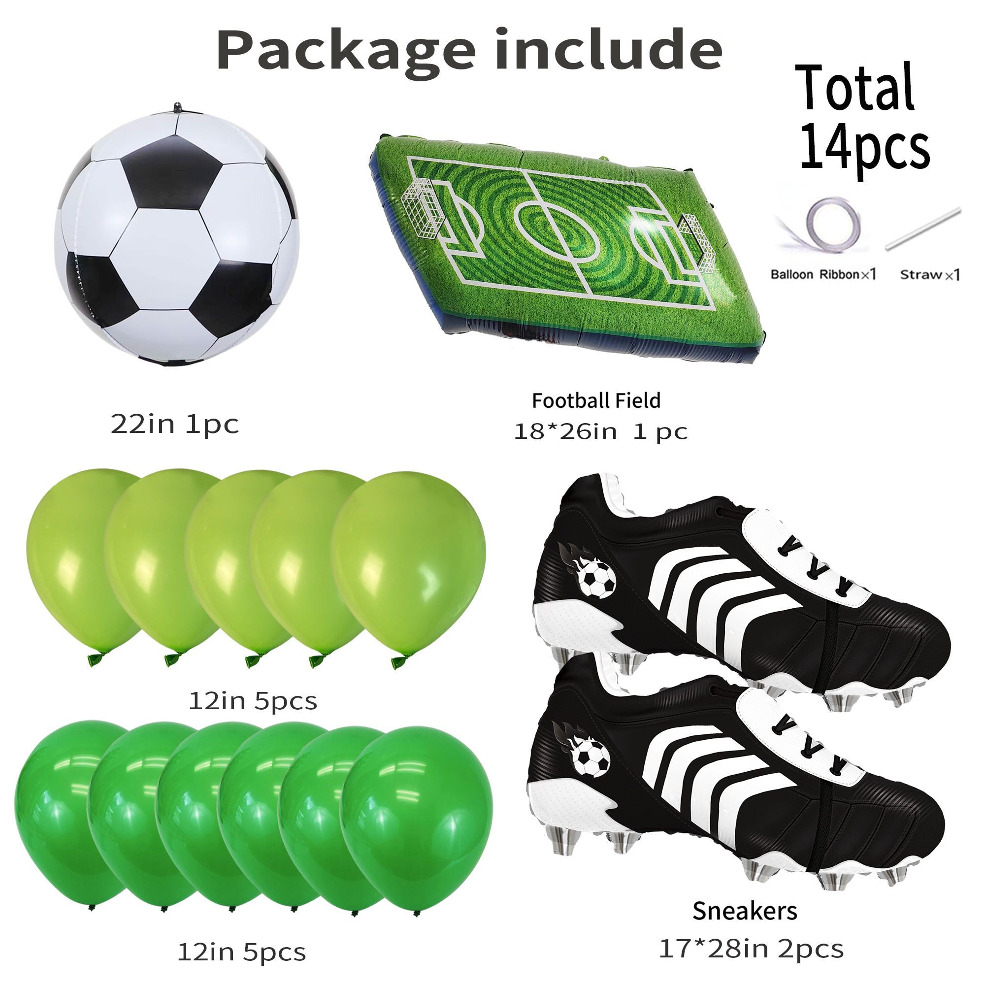 CYMYLAR Soccer Balloons Kit Football Party Decorations - Giant Soccer Ball Field Cleats Foil Balloons Green Latex for Boys Girls Birthday Sports Theme (14 Pieces)