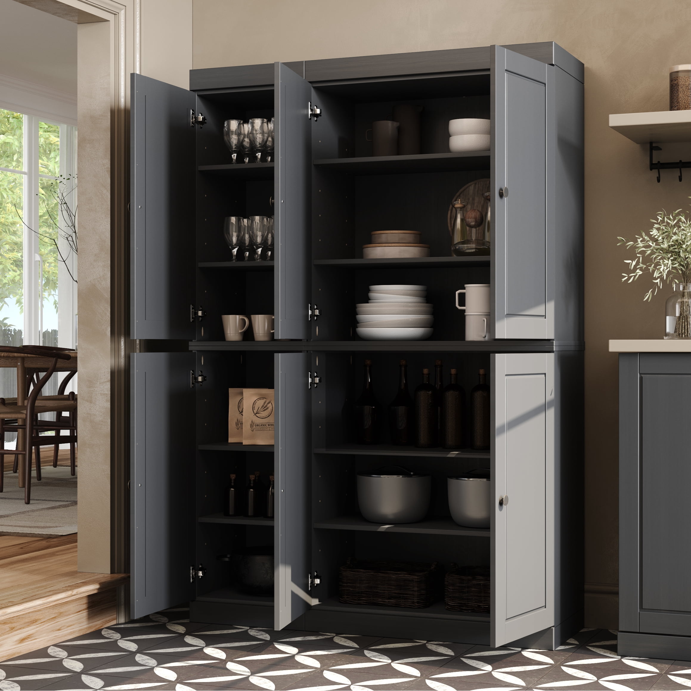 Palace Imports 100% Solid Wood Kitchen Pantry Storage Cabinet with Doors and Adjustable Shelves, 6-Door, Gray