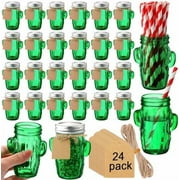 24 Sets 3oz Cactus Mason Jars Shot Glasses with 24pcs Shot Glasses 24pcs Silver Lids 30pcs Straw, Glass Cactus Decor Favor Jars for Weddings, Decoration Parties DIY Drink Dessert Candle Craft