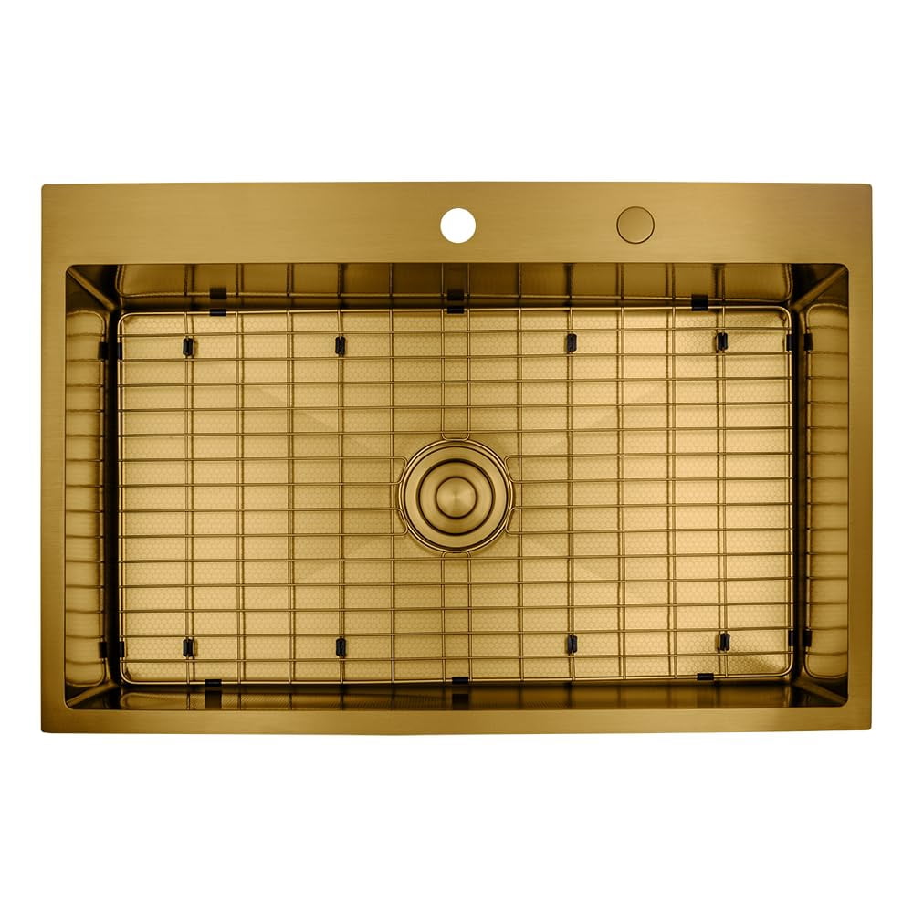 Strictly Sinks Dual Mount Workstation Kitchen Sink – 33 Inch 16 Gauge Embossed Hexagon Texture Kitchen Sink with Grid, 1 Strainer Drain, 1 Garbage Disposal Adapter & Clips (Gold)