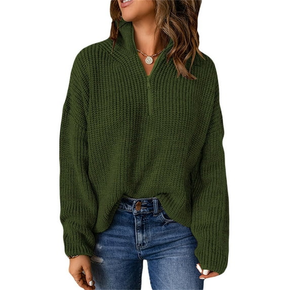 hirigin Women Sweater Knit Pullover Long Sleeve Stand Collar Zipped Solid Tops for Casual Daily