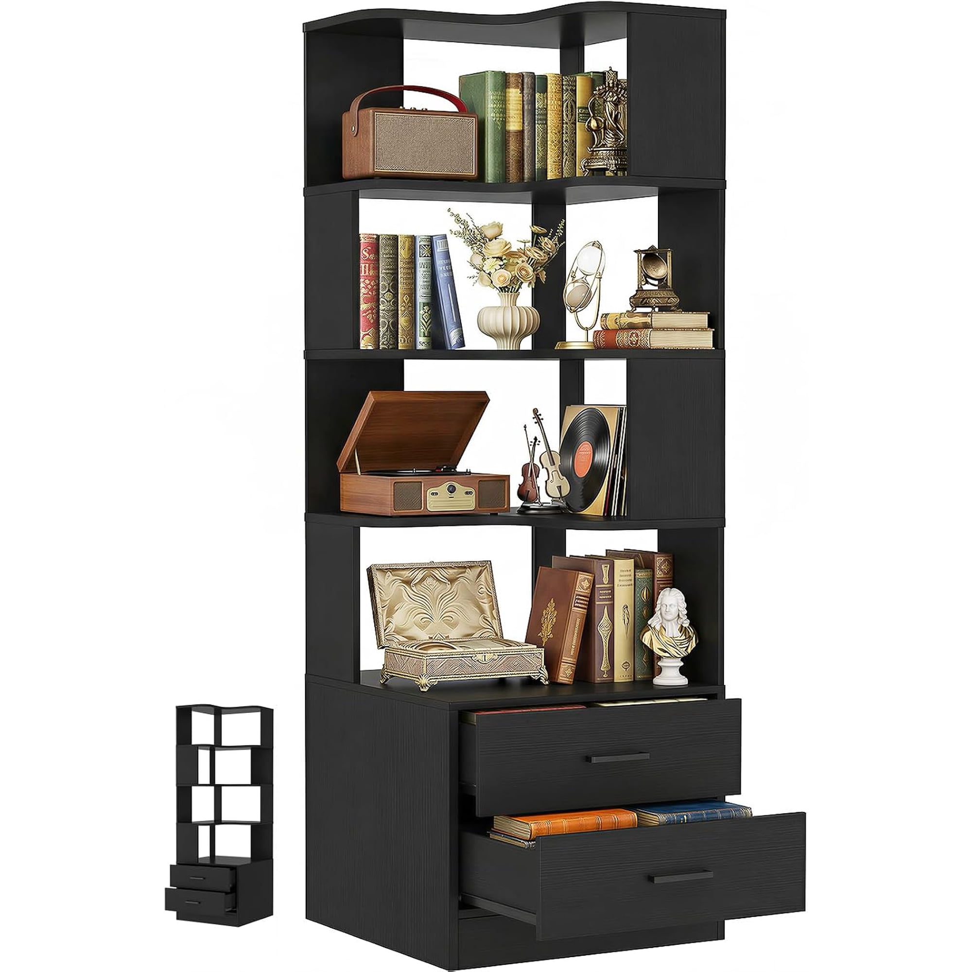 Corner Bookshelf with Drawers 7-Tier L-Shaped Freestanding Bookcase for Bedroom Living Room Home Office Black
