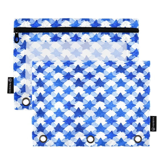 2 Pack 3 Ring Binder Pouch with Clear PVC Window Water Resistant Zipper Pencil Pouch Dark Blue Five-pointed Star Binder Pocket for Classroom Office Home Stationery Organization