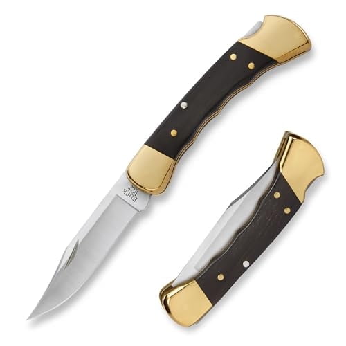 Buck Knives 110 Folding Hunter Knife with Grooves, 3-3/4" Hunting Knife Blade, Ebony Handle, 7.2 oz