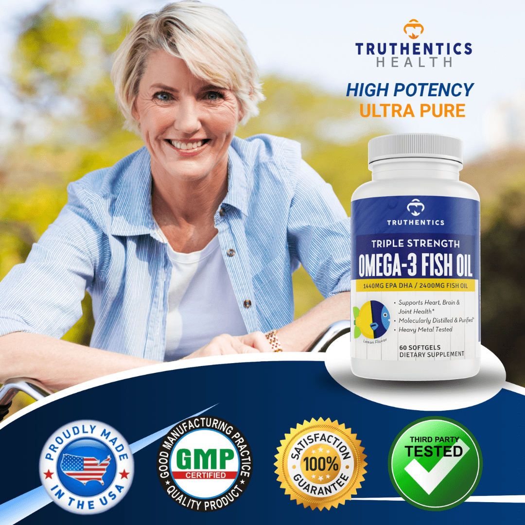 Truthentics Omega 3 Fish Oil 2400 mg - Triple Strength - 100% Pure - Sea-Harvested - High EPA DHA Omega Fatty Acids - 60 Lemon Softgels