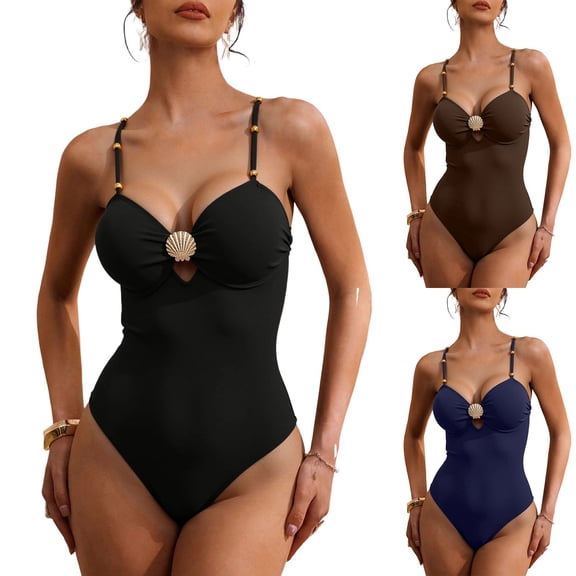 Zynoxe Women's One Piece Swimsuit Sweetheart Neck with Gold Shell Tummy Control Swimsuits Stretchy Adjustable Straps Summer Lounge Beach Bathing Suit Black S