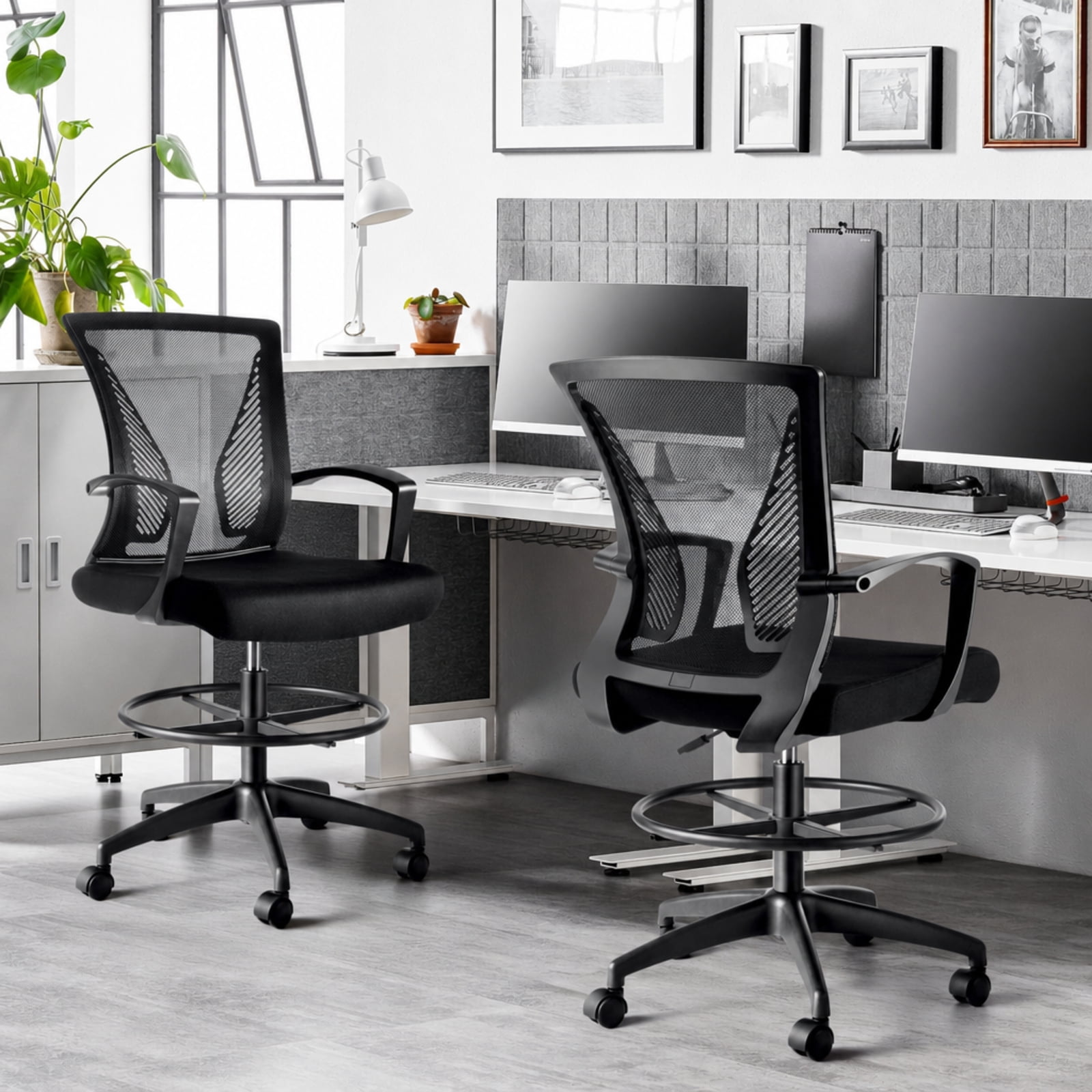 Fenbeli Drafting Chair Tall Office Chair with Lumbar Support and Adjustable Footrest Ring, Black