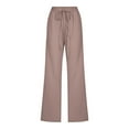 thumbnail image 3 of lcziwo Linen Pants for Women Casual Summer Drawstring Elastic High Waist Strousers Straight Leg with Pockets Pant Casual 2025 Trousers Brown,S, 3 of 5