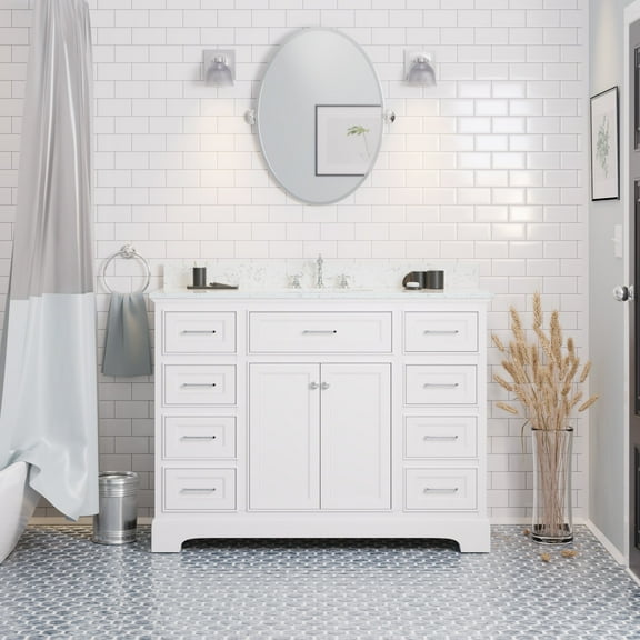 Aria 48" Bathroom Vanity with White Cabinet and Engineered Marble Top