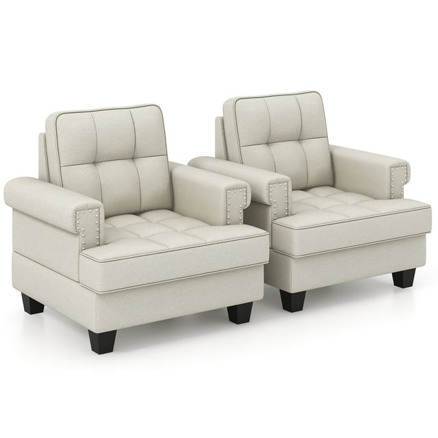 Gymax 2 Pcs Fauteuil d'Appoint Moderne Mi‐siècle avec Coussin Épais et Oreiller, Chaise Cloutée Beige
