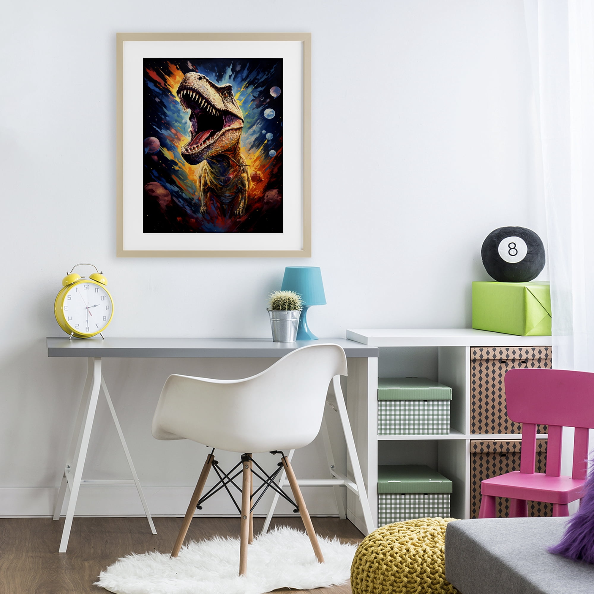 Stupell Industries Dinosaur with Planets Birch Framed Print Under Glass, design by Creative Studio