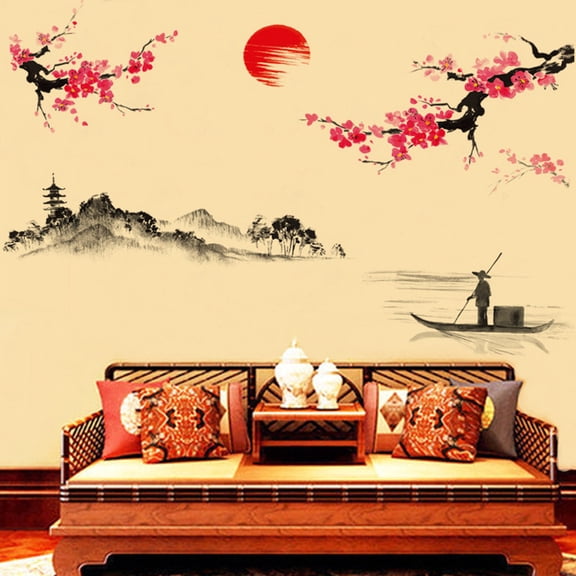 Openpig Traditional Chinese Painting Wall Art Sticker Plum Blossom Landscape Sunset River Fisherman PVC Decal Decor for Living Room TV Background