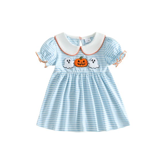 RUINIXCW Toddler Baby Girl Halloween Dress Outfit Kids Baby Girl Summer Fall Dress Clothes Pumpkin Ghost Letter Embroidery Doll Collar Short Sleeve Striped Dress