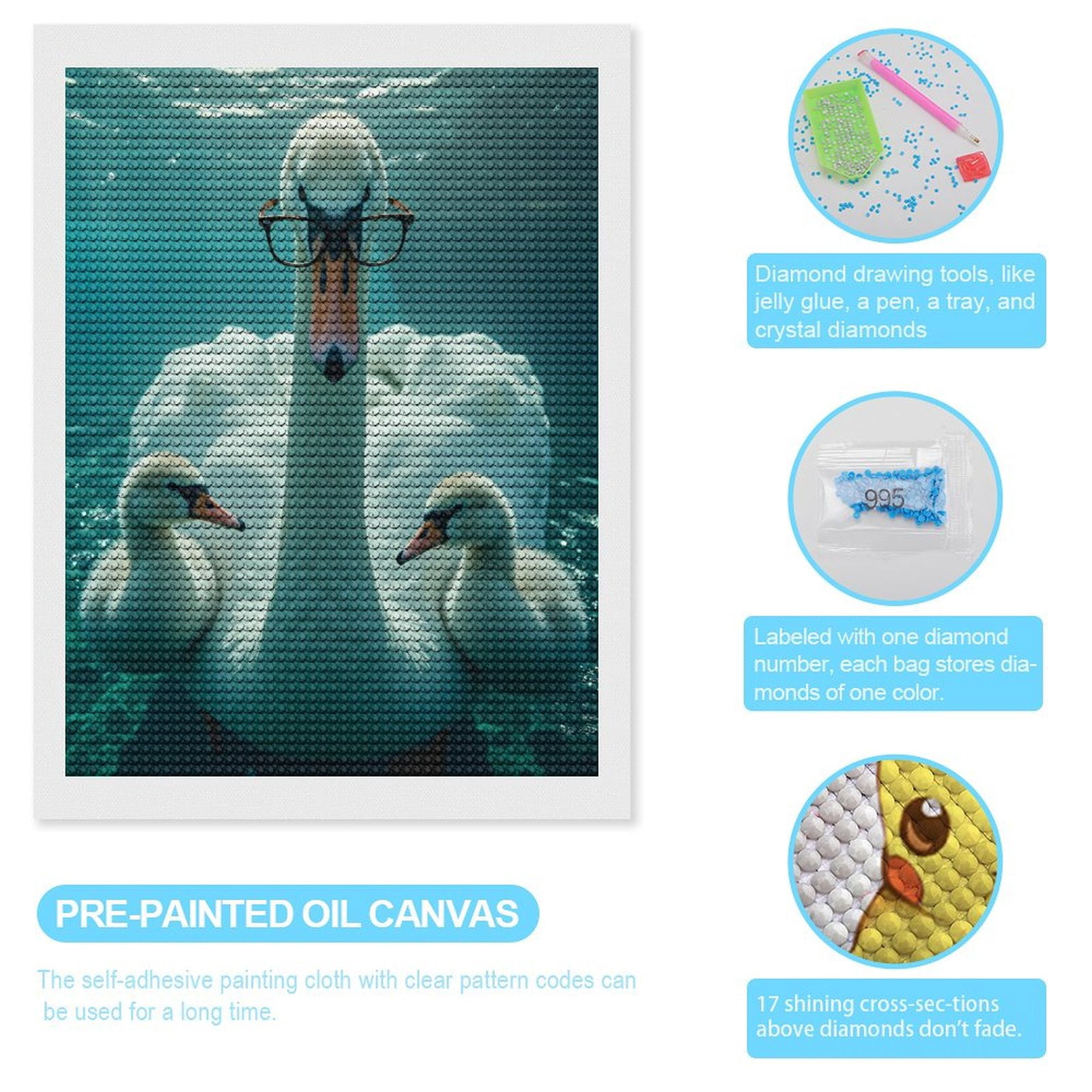 Diamond Art Kits for Adults, Swan Glasses Water Family Portrait 5D Diamond Painting Kits for Adults Beginners, DIY Full Drill Diamond Painting, Gem Art and Crafts 12x16