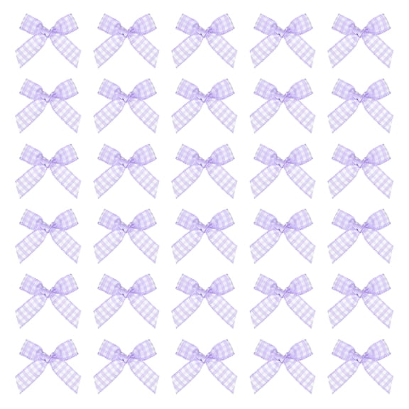 100 Pcs Mini Gingham Ribbon Bows for Craft DIY Cake Sewing Wedding Birthday Party Decoration, Lavender White