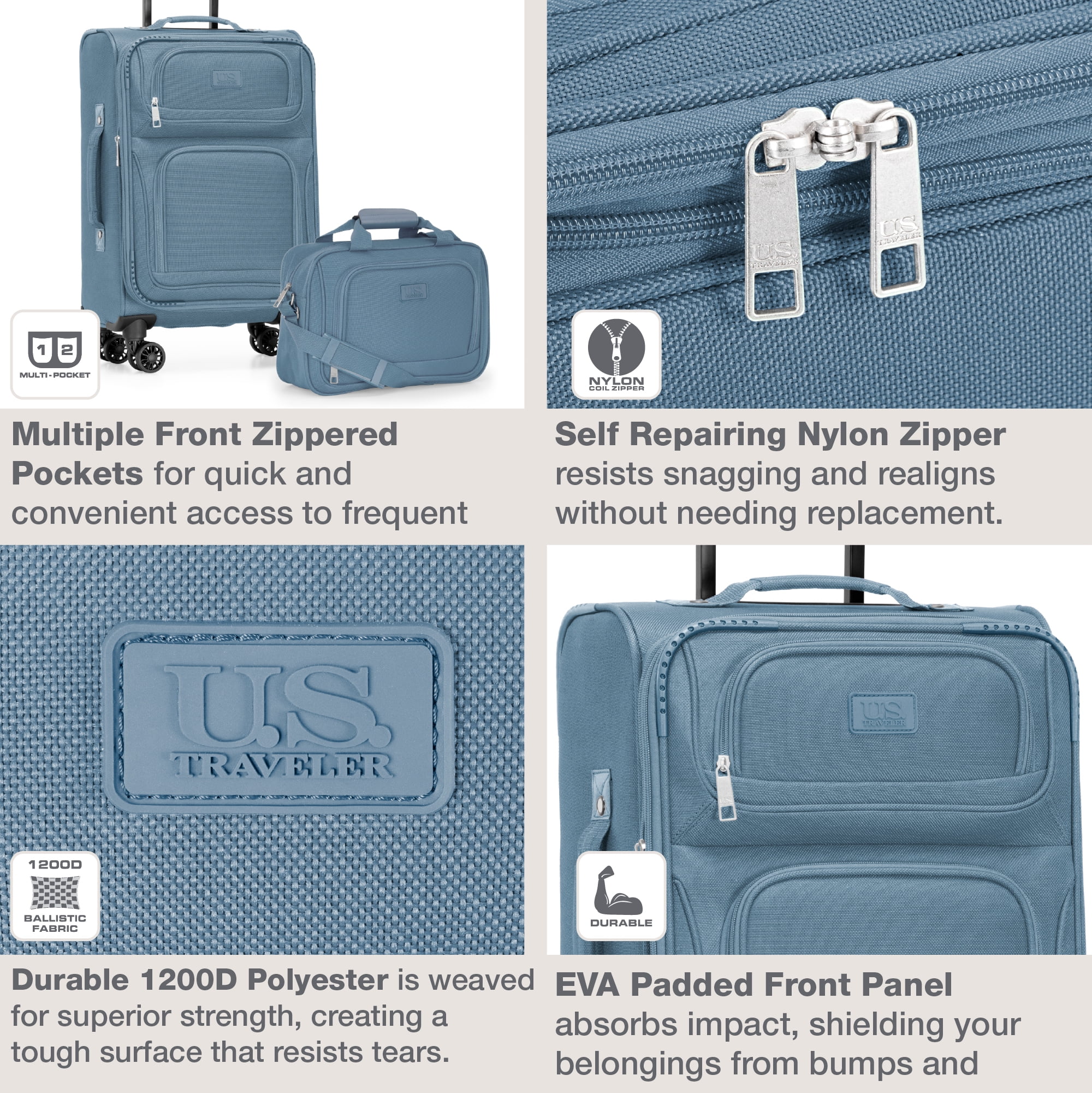 U.S. Traveler Rio 2-Piece Expandable Softside Carry-on Luggage Set - Spinner Wheels, TSA-Approved, Tote Bag, Lightweight Travel Suitcase, Light Blue (22/14)