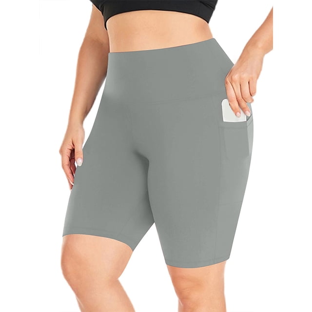 CFLVAEK Womens Plus Size Biker Shorts with Side Pockets Comfy Stretch Quick Dry Workout Shorts Summer Solid Color High Waist Bike Short 2025 (Gray XXL)