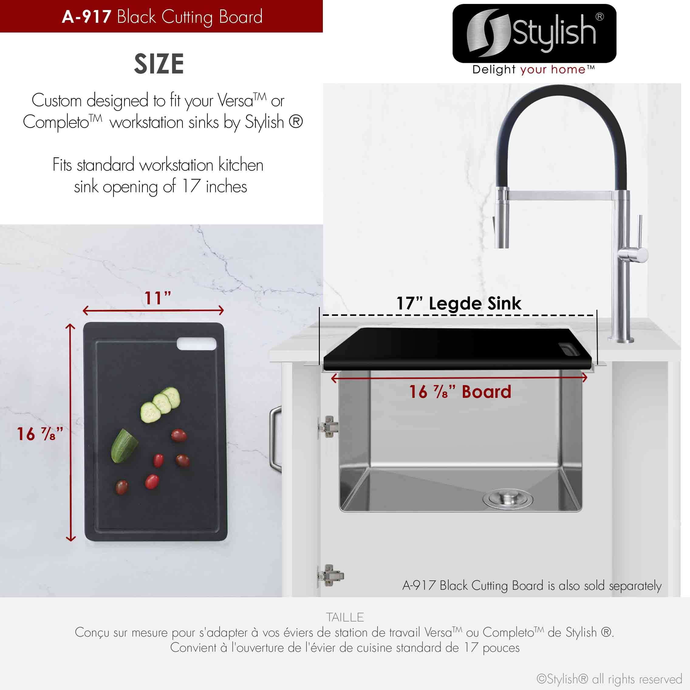Stylish Stainless Steel Colander (16 ⅞" x 5 ½"), Black Silicone Drying Rack (16 ¾" x 13 ⅛") & Black Cutting Board (16 ⅞" x 11"), A-918KIT