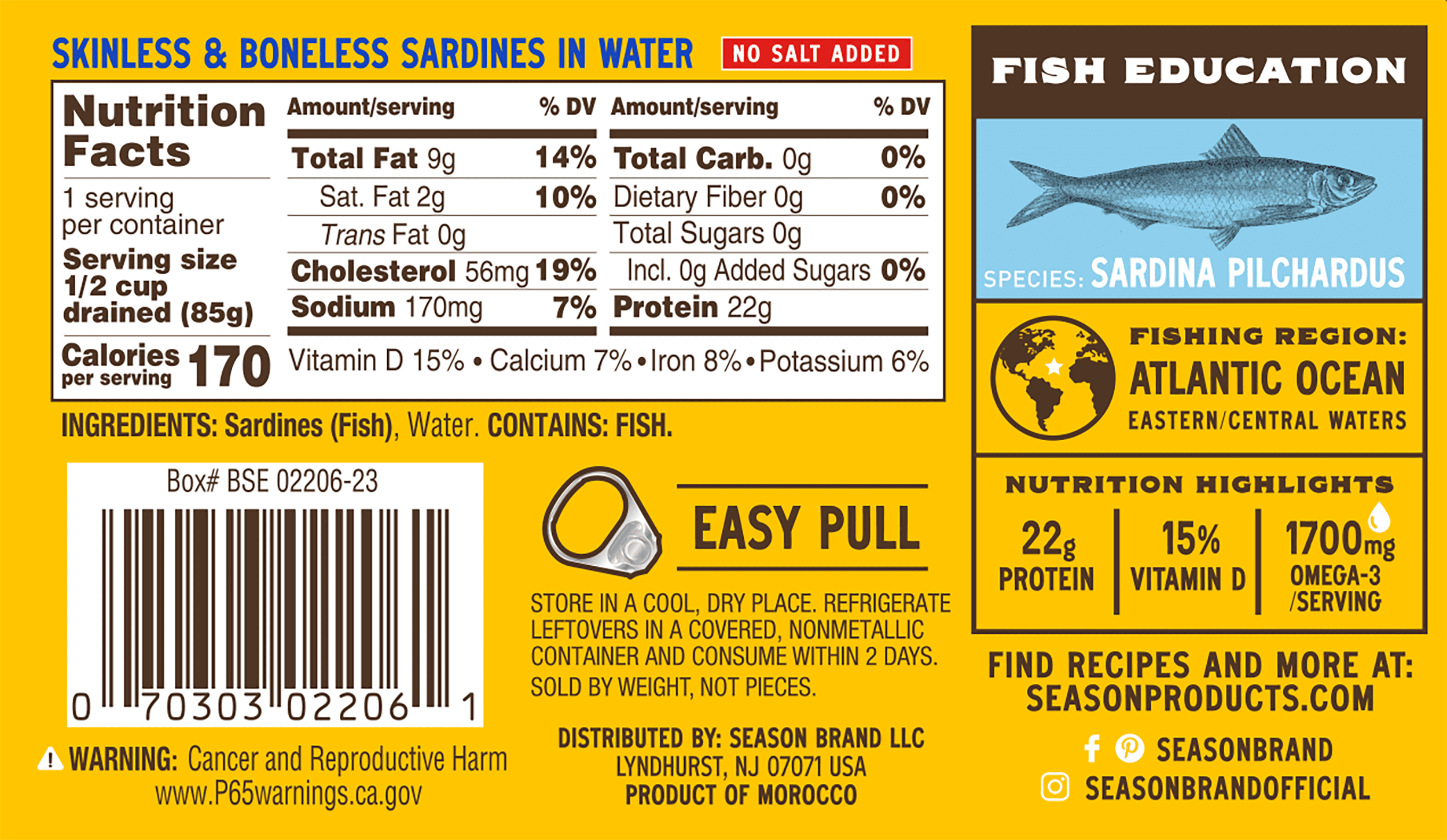(12 pack) Season Sardines in Water, 4.25 oz Can