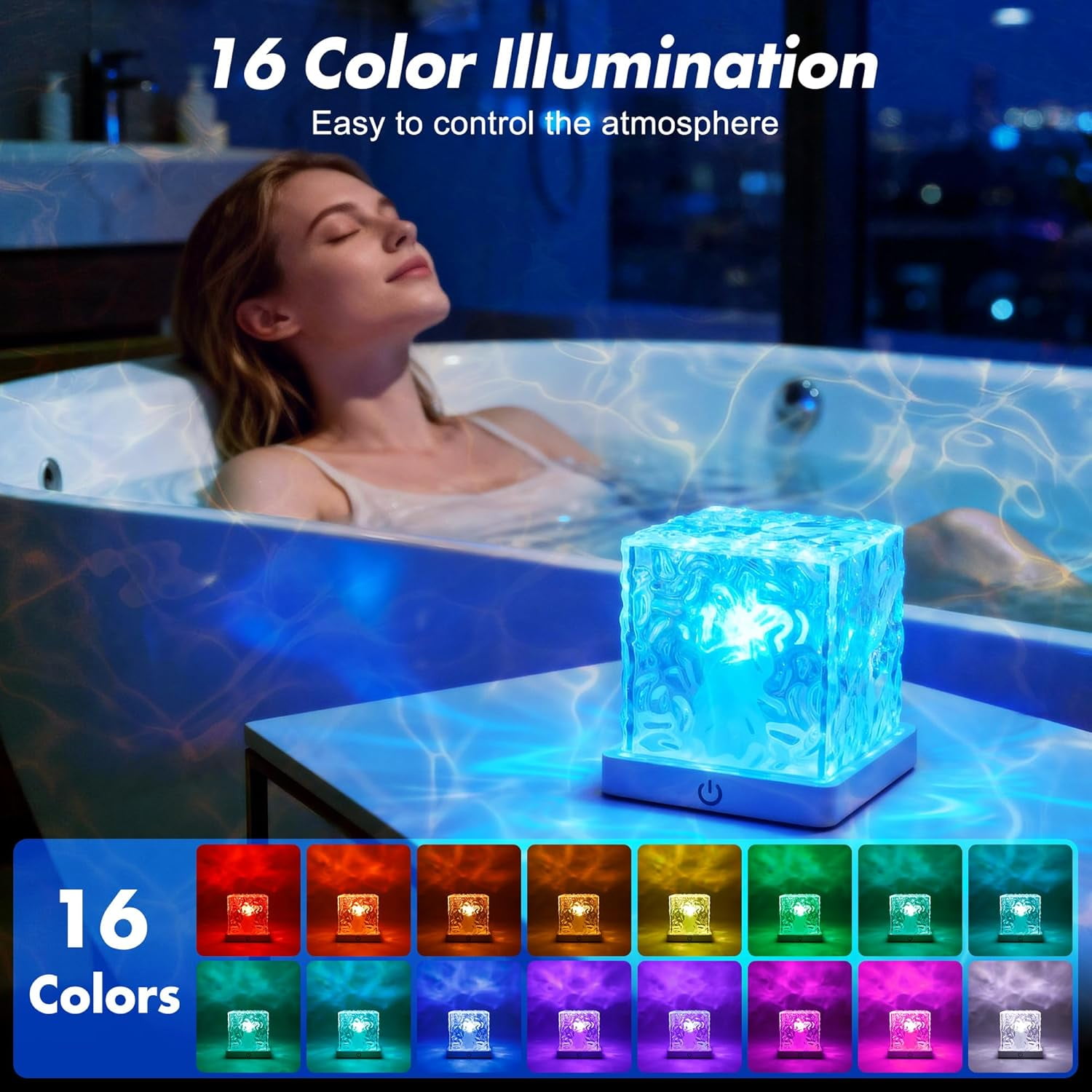 Dynamic Rotating Water Ripple Projector Night Light - Rechargeable 16-Color Changing Ocean Wave Lamp, Waterproof Shower Light with Remote Control & Dimmable Modes for Bathroom & Bedroom