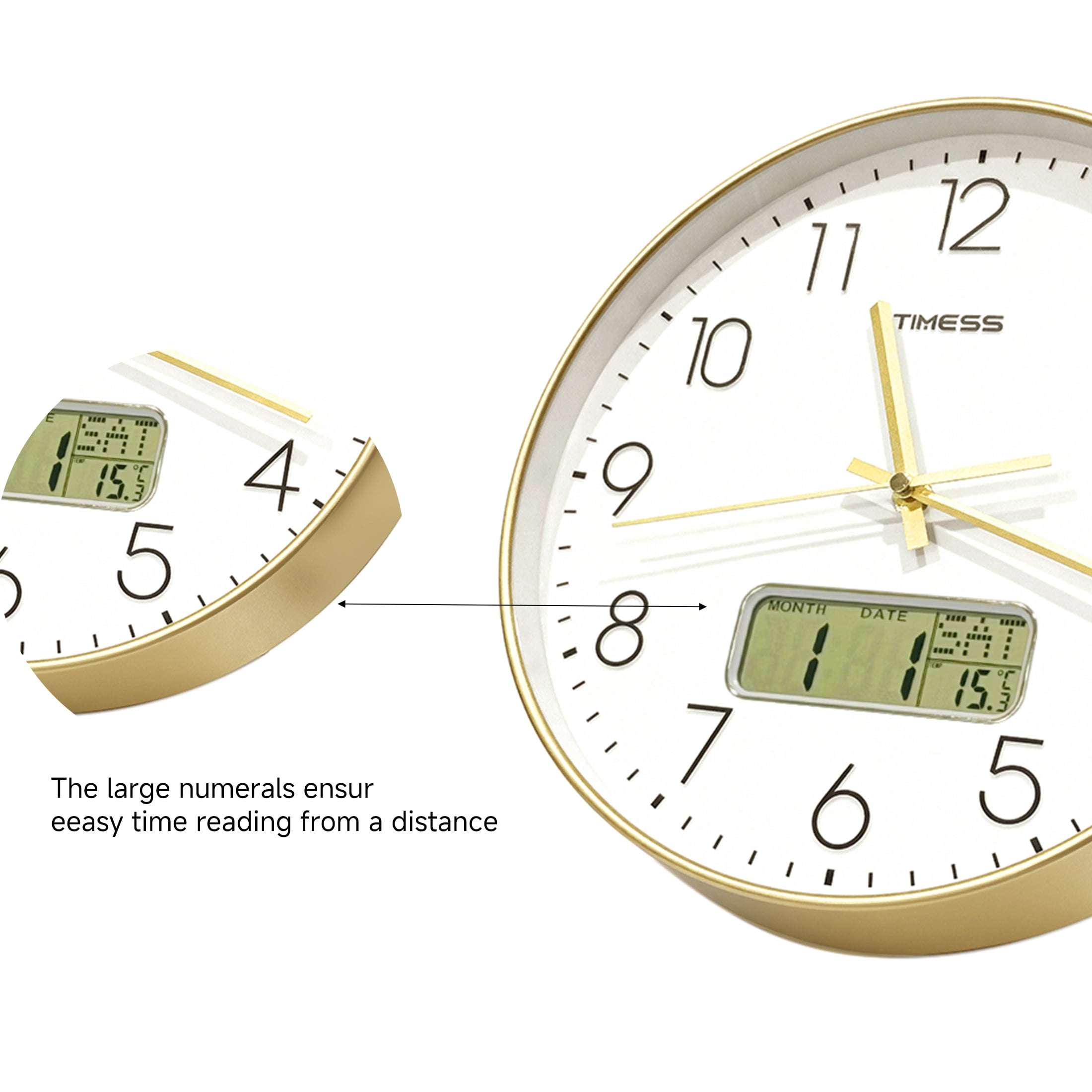 TIMESS 12 Inch Silent Wall Clock with Date Display, Large Easy-Read Numbers, Battery Operated, Modern Home Clock (Gold)