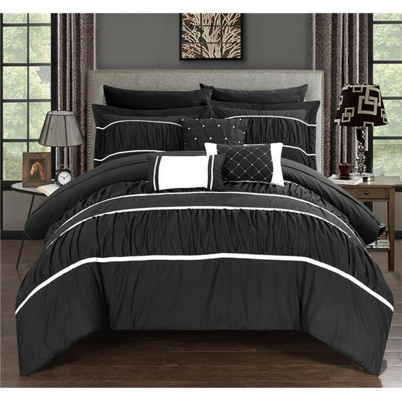 Chic Home CS2129-US Penelope Pleated & Ruffled Bed in a Bag Comforter Set with Sheets - Black - Queen - 10 Piece