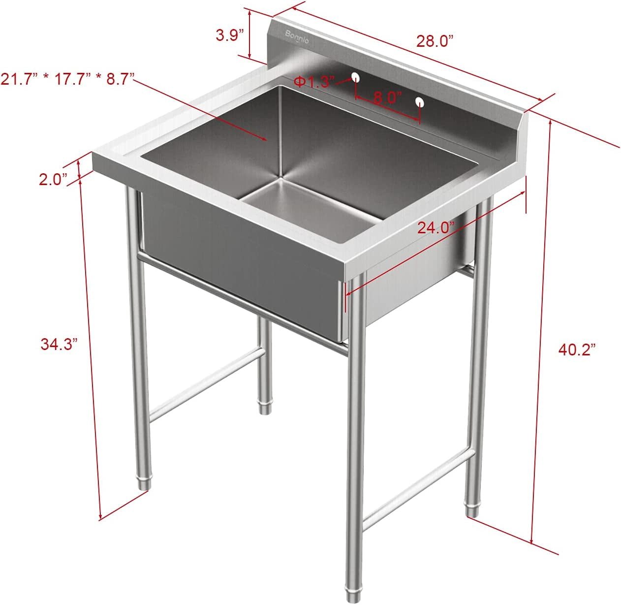 VINGLI Upgraded Free Standing 304 Stainless Steel Utility Sinks for Laundry Room with Backsplash, Industrial Garage Sink Commercial Sink for Restaurant, Workshop – 28" W x 24" D x 40.2" H