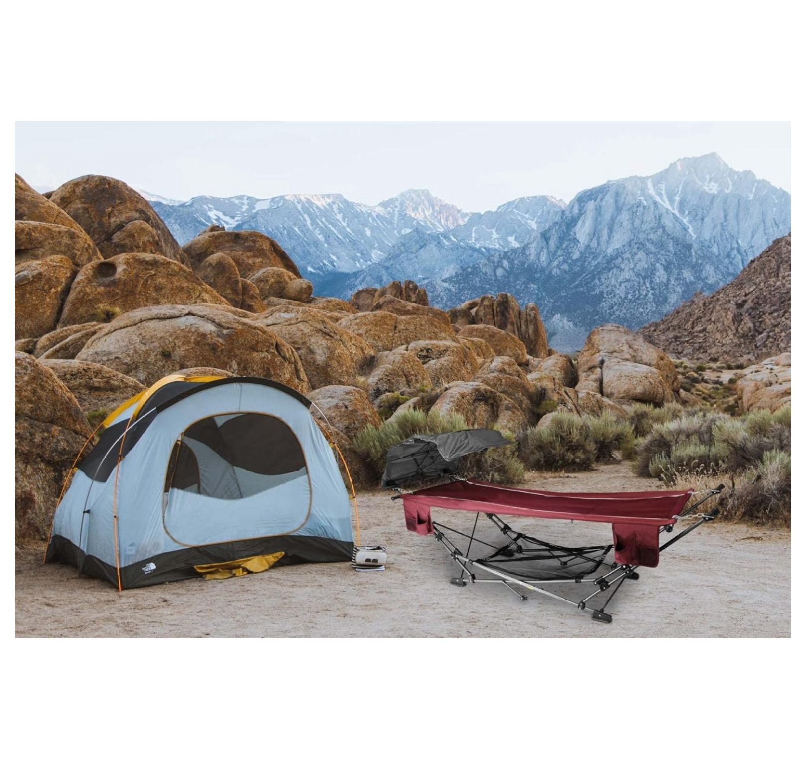 Portable Folding Metal Framed Hammock with Retractable Canopy and Side Pockets, Red