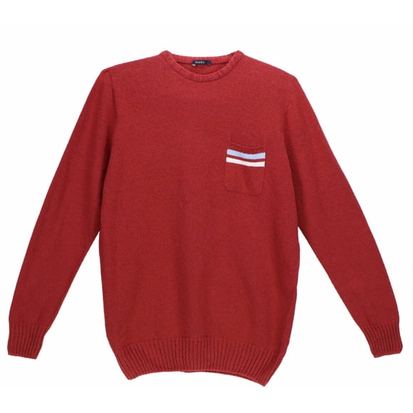 04651 Men's Red W Blue And White Stripes On Pocket Boucle Crew Neck Sweater Pullover - L