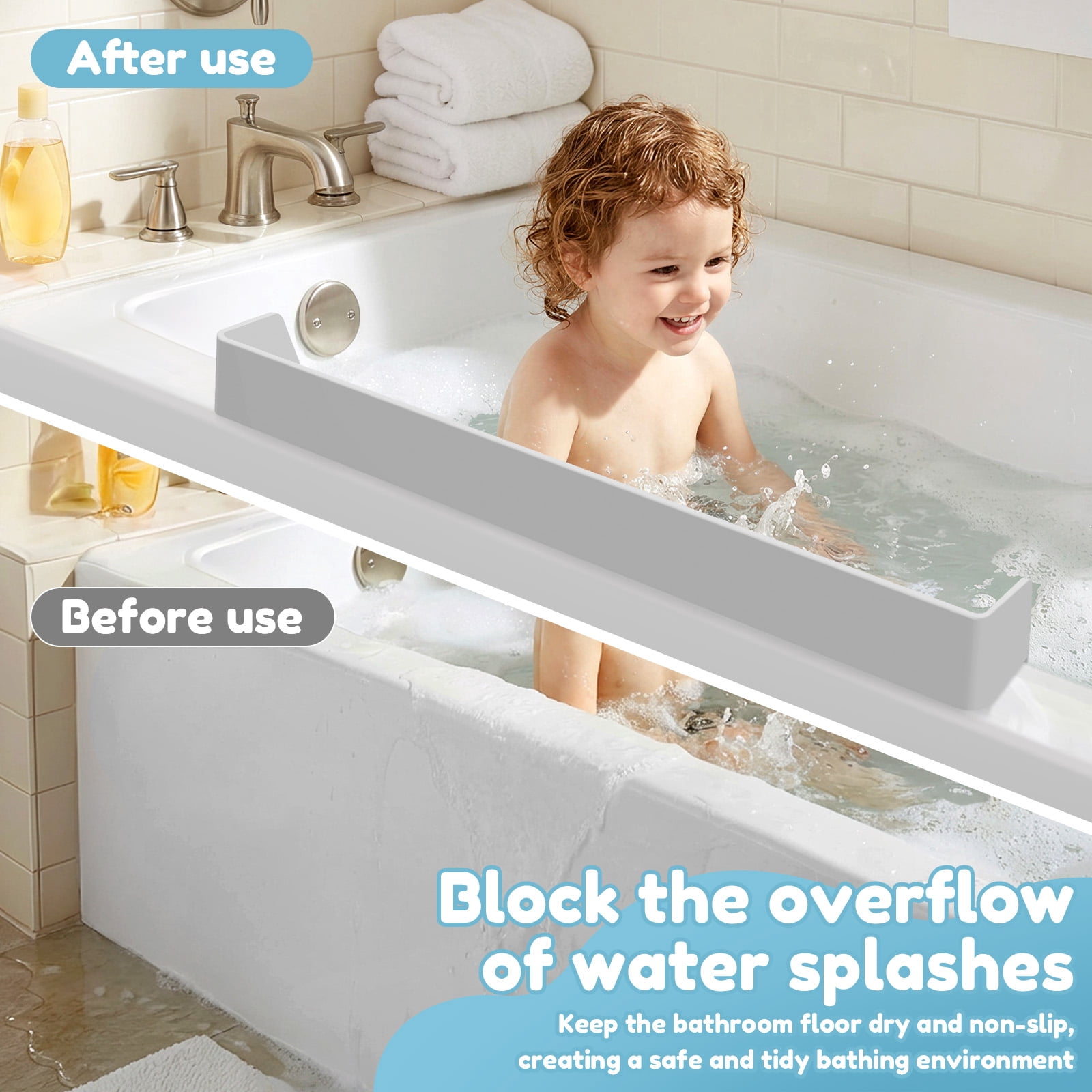 Splash Guard for Bathtub Kids Silicone Bathtub Splash Guard with Suction Cups Bath Tub Play Shelf for Kids and Toy Holder Avoid Water Spill in Bathroom Fun Bath Time for Toddler Baby
