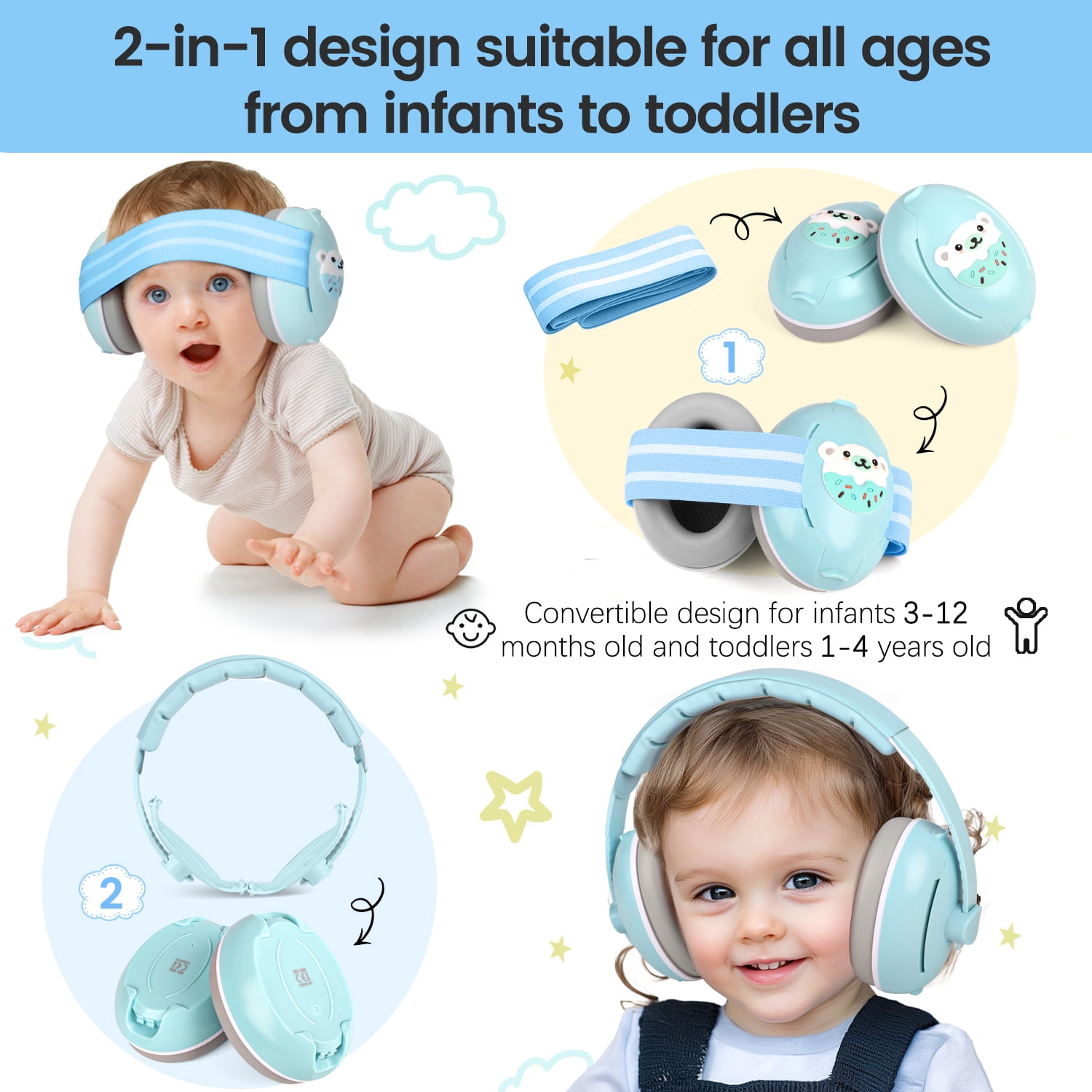 UQN 2-in-1 Baby Ear Muffs Noise Protection,Noise Canceling Headphones for Baby & Toddler 0-12-36 Months, Infant Ear Protection in Plane, Adjustable Headband,Improves Sleep - Blue