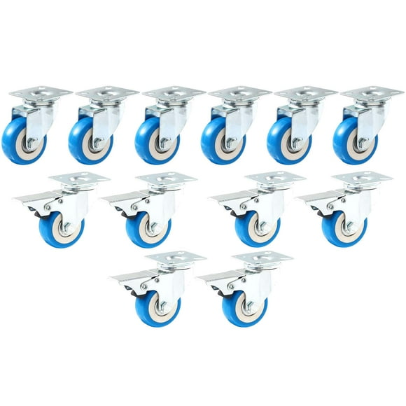 12 Pack Plaque Pivotante pour Frein sur Roues en Polyuréthane Bleues (2 Pouces Combo - 6 avec Frein et 6 Sans Frein)